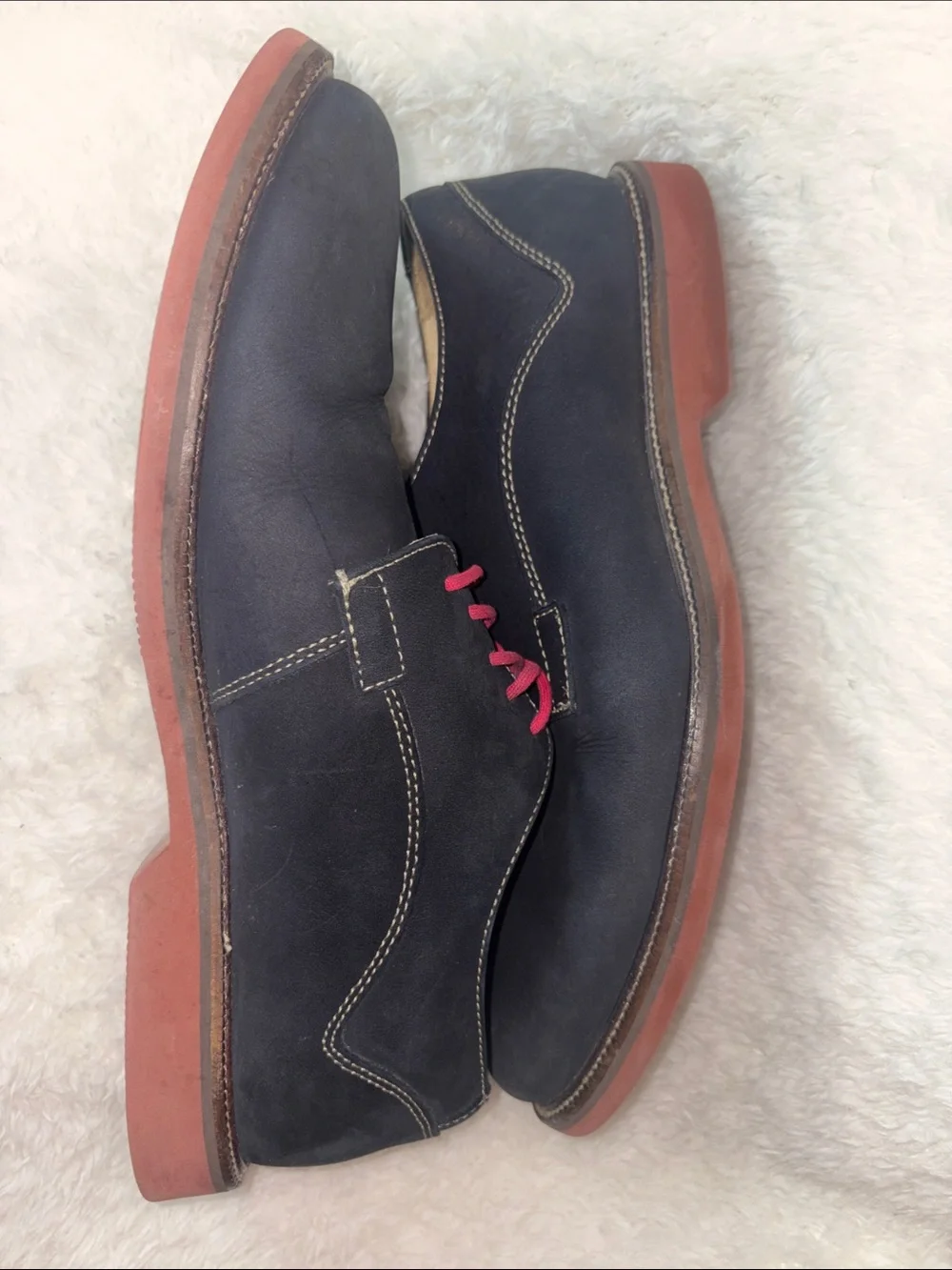 1901 Nordstrom Mens Navy Blue Suede Derby Shoes Red Laces Brick Sole